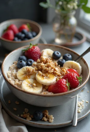 Porridge servito con frutta fresca e noci