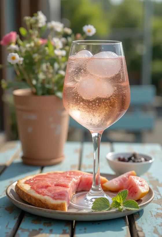Spritz al vino rosato servito con fetta di limone e ghiaccio