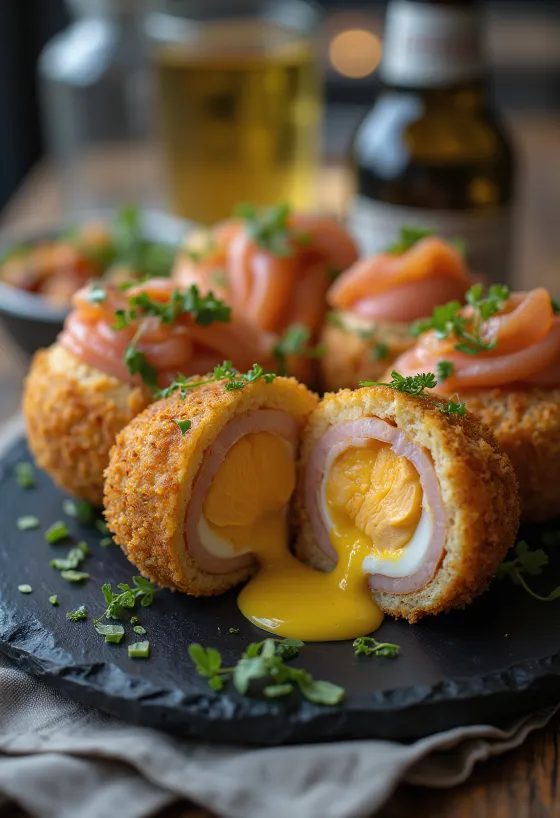 Scotch egg al salmone affumicato servito