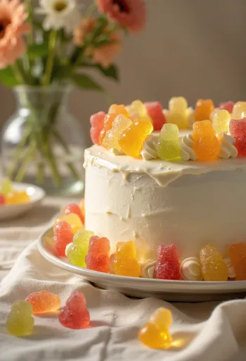 Torta colorata con caramelle gommose, copertura in pasta di zucchero e decorazioni