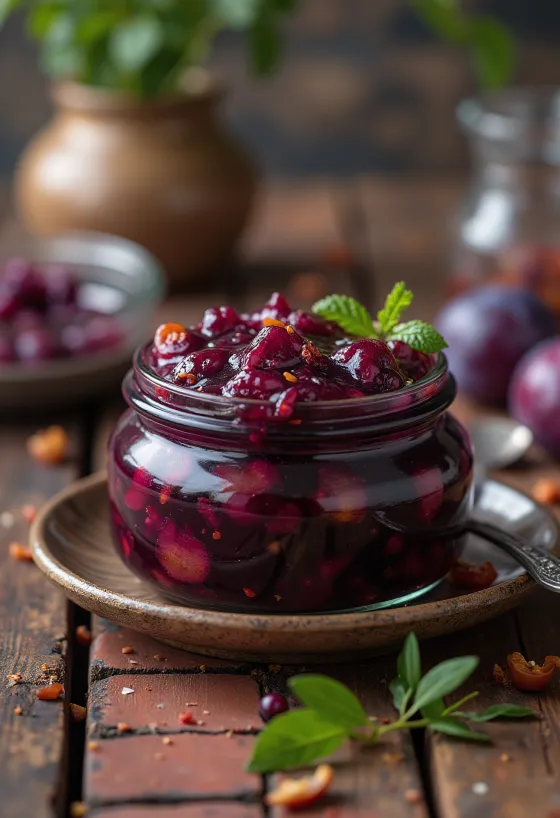 Chutney di prugne piccante in barattolo e servito