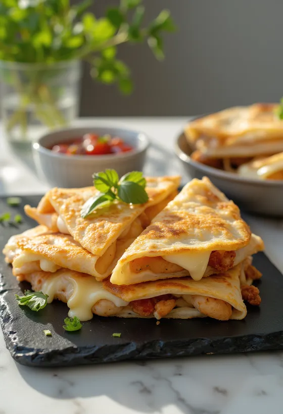 Quesadilla di pollo dorata, servita con formaggio fuso ed erbe aromatiche fresche