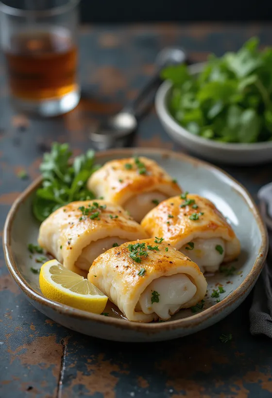Dolma di pesce con ripieno di riso, servito con fettine di limone fresco