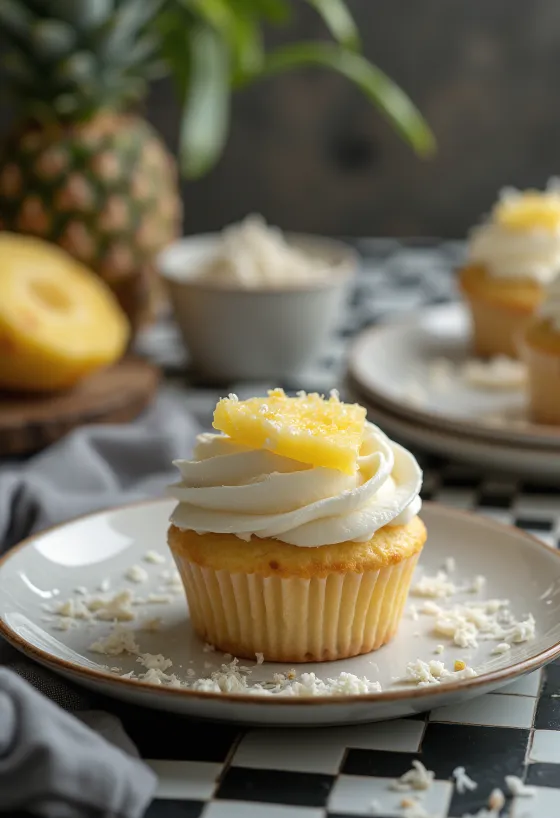 Cupcake al cocco e ananas su un piatto da portata