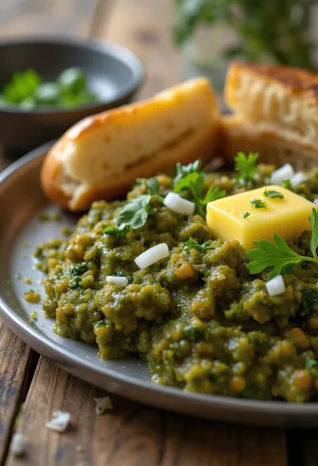 Pav Bhaji agli spinaci, in una ciotola salsa cremosa di patate, con panini croccanti e spinaci freschi