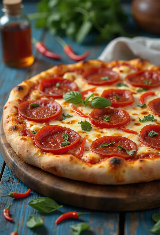 Pizza al salame piccante con peperoncino servita