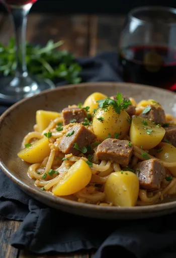Sarapatel con cipolla, ricco piatto di carne speziata, servito con latte di cocco
