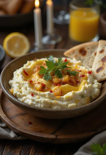 Tirokafteri al limone, ricca crema di feta servita con pane pita e verdure