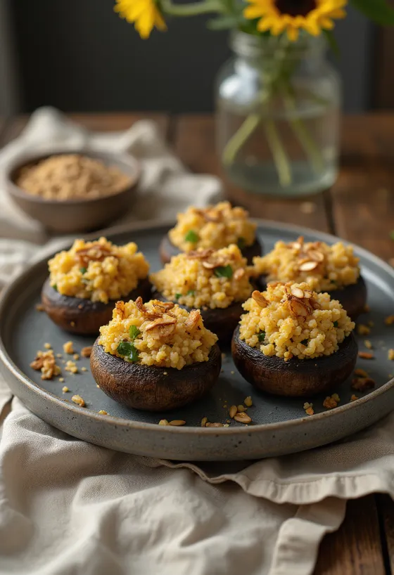 Funghi ripieni di quinoa vegani serviti