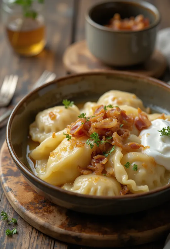 Pierogi classici, ripieni di ricotta e cipolla fritta, serviti