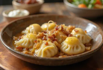 Pierogi classici, ripieni di ricotta e cipolla fritta, serviti