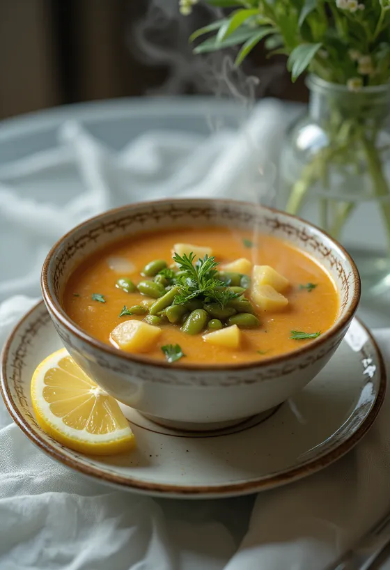 Zuppa Palóc tradizionale, riccamente preparata con fagiolini, patate e carne di agnello.