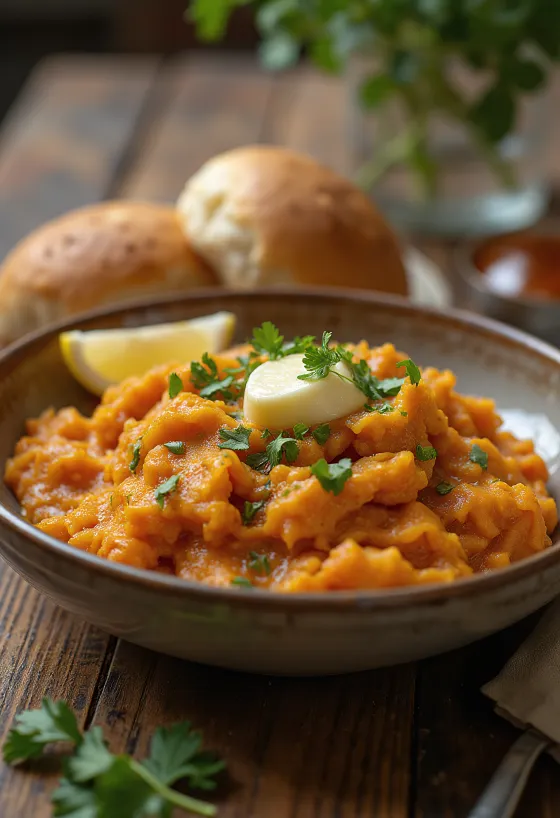 Pav Bhaji alle patate dolci, in una ciotola salsa cremosa di patate dolci, con panini croccanti e burro