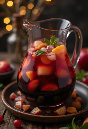 Sangria servita con frutta fresca e cubetti di ghiaccio