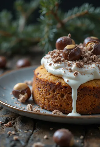 Torta invernale alle castagne decorata con cioccolato fondente e noci