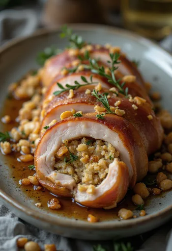 Succosa lonza di maiale ripiena al forno, farcita con erbe fresche e formaggio fuso.