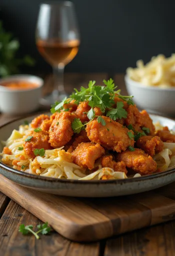 Ayam geprek speziato servito con cavolo