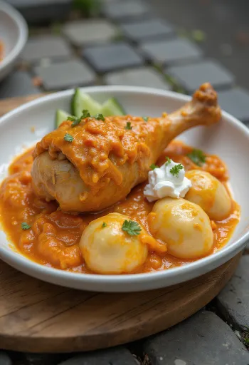 Pollo alla paprika con pezzi di pollo succosi, servito in salsa di paprika e panna acida.