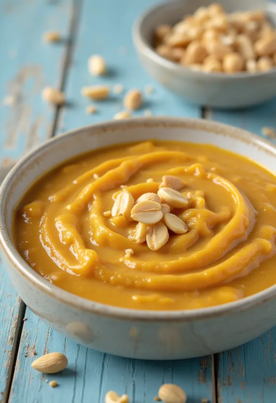 Salsa di arachidi al curry servita in una ciotola con coriandolo fresco.