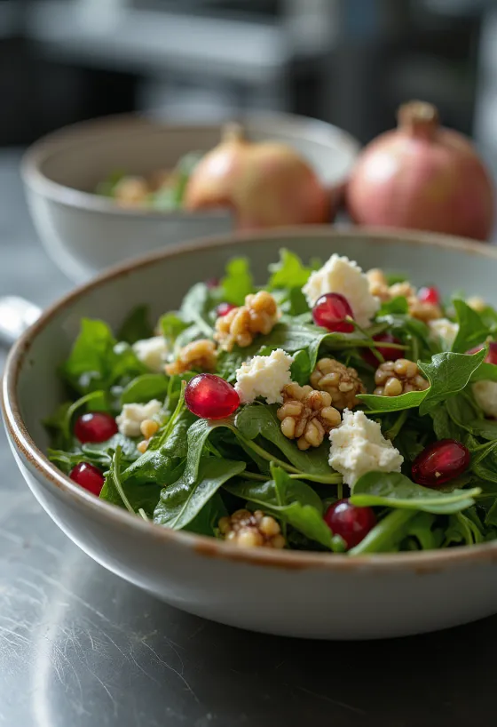Insalata di rucola e melograno con formaggio feta e noci