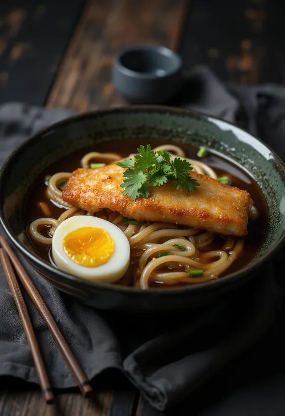 Ramen con pesce fritto, servito con uova, cipollotto e peperoncino