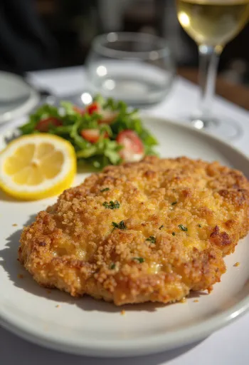 Cotoletta di maiale dorata e croccante, servita con verdure fresche.