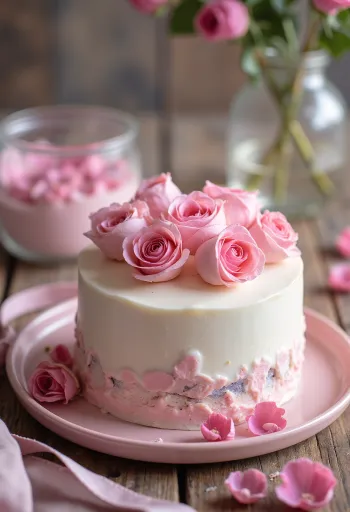 Torta di San Valentino alle rose con copertura bianca in pasta di zucchero e petali
