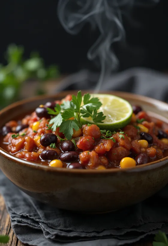 Chili vegano di fagioli in salsa ricca e speziata, decorato con coriandolo fresco.