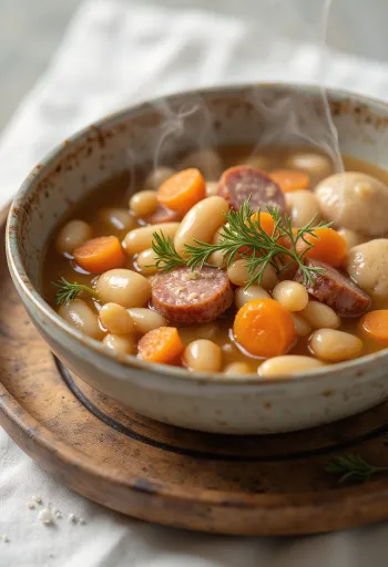 Zuppa di fagioli tradizionale con pasta pizzicata, servita con brodo di carne affumicata