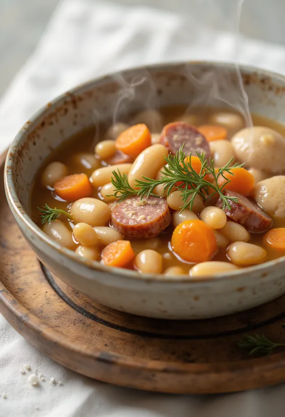 Zuppa di fagioli tradizionale con pasta pizzicata, servita con brodo di carne affumicata