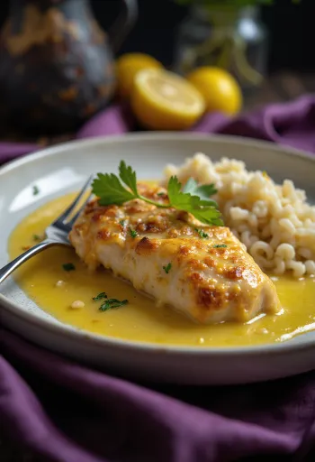 Pollo al limone servito con fette di limone fresco ed erbe aromatiche.