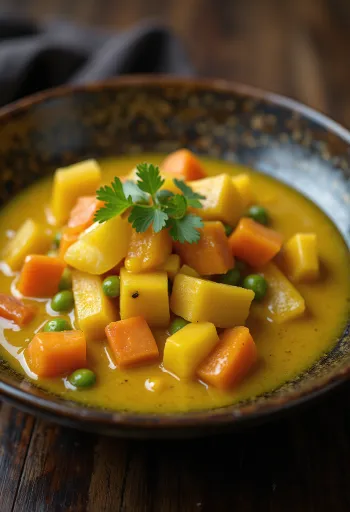 Salsa di verdure al curry in una ciotola, decorata con coriandolo fresco.