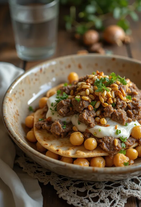 Fatteh all'agnello, pezzi di pita tostata, ceci, yogurt alla tahina e pinoli tostati.