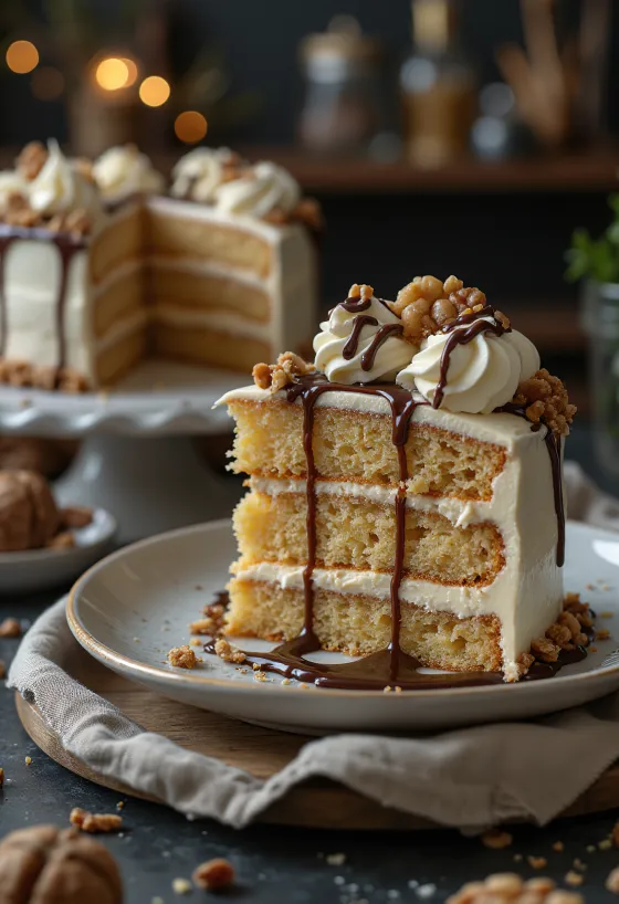 Torta di castagne con crema alle noci servita