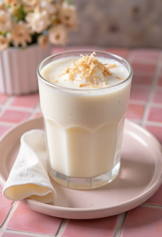 Lassi al cocco servito con ghiaccio e scaglie di cocco