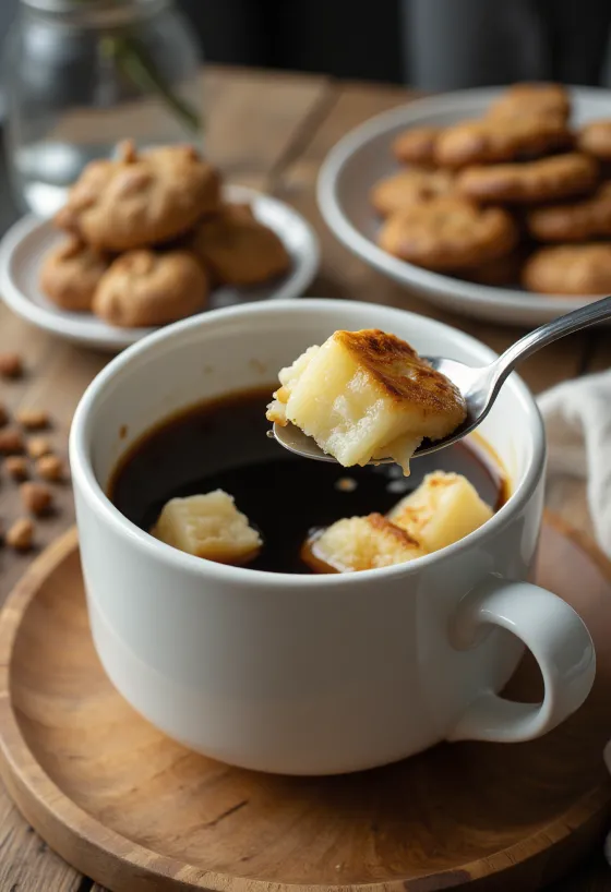 Leipäjuusto intinto nel caffè, servito delicatamente