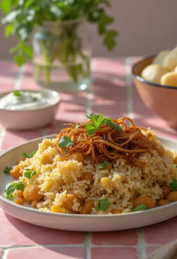 Mujaddara con cipolla fritta e decorato con coriandolo