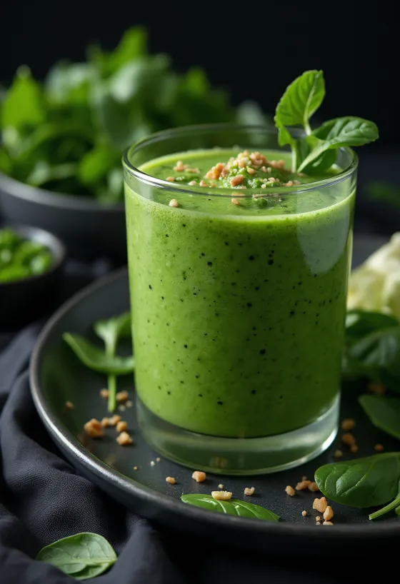 Smoothie agli spinaci in un bicchiere alto, decorato con verdure e frutta