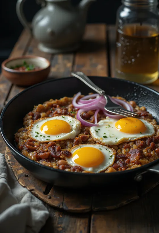Tacu Tacu con cipolla, servito con uova, mix di riso dorato e fagioli