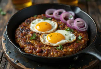 Tacu Tacu con cipolla, servito con uova, mix di riso dorato e fagioli