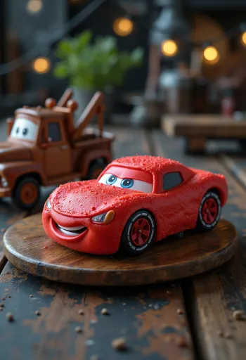 Torta Cars con copertura in pasta di zucchero rossa e decorazioni a tema auto