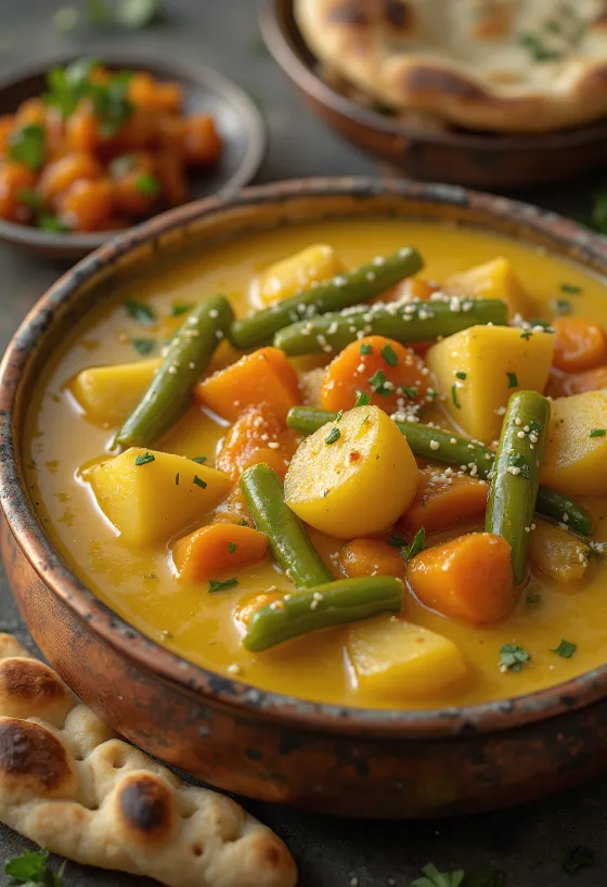 Curry di verdure con latte di cocco servito