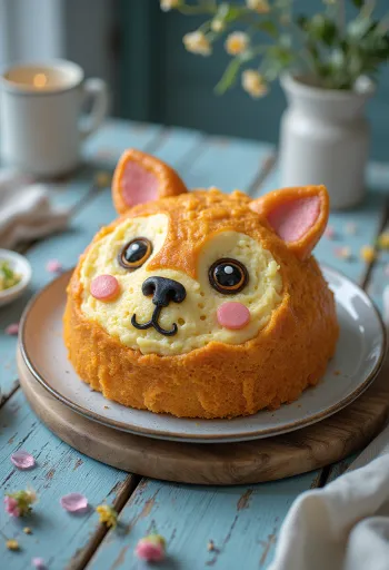 Torta a forma di animale con copertura in pasta di zucchero e decorazioni di cioccolato