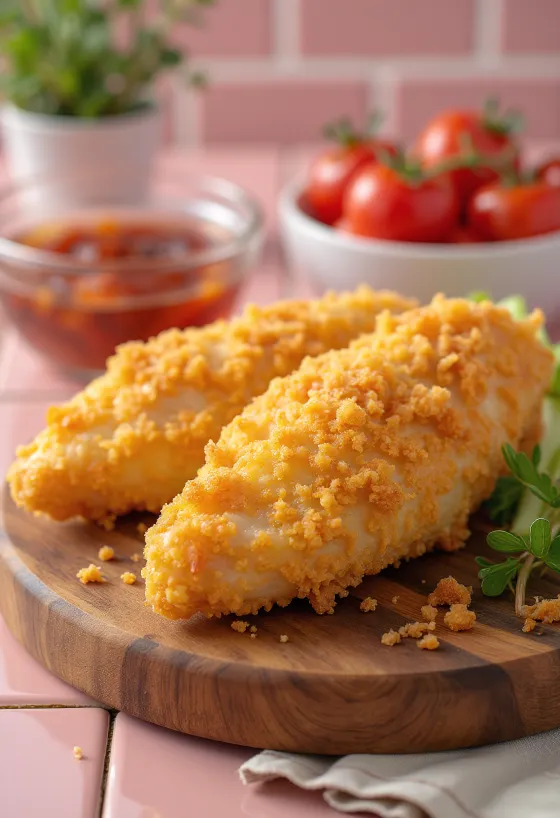 Petto di pollo impanato fritto dorato, servito con insalata fresca.