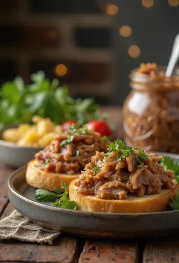 Duck rillette servita in vasetto rustico con pane e sottaceti