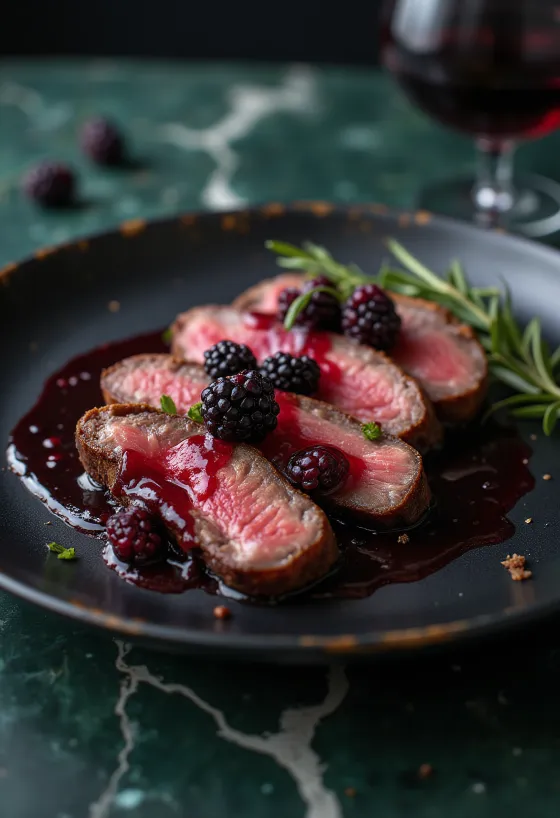 Bistecca di cervo con riduzione ai frutti di bosco servita con verdure.