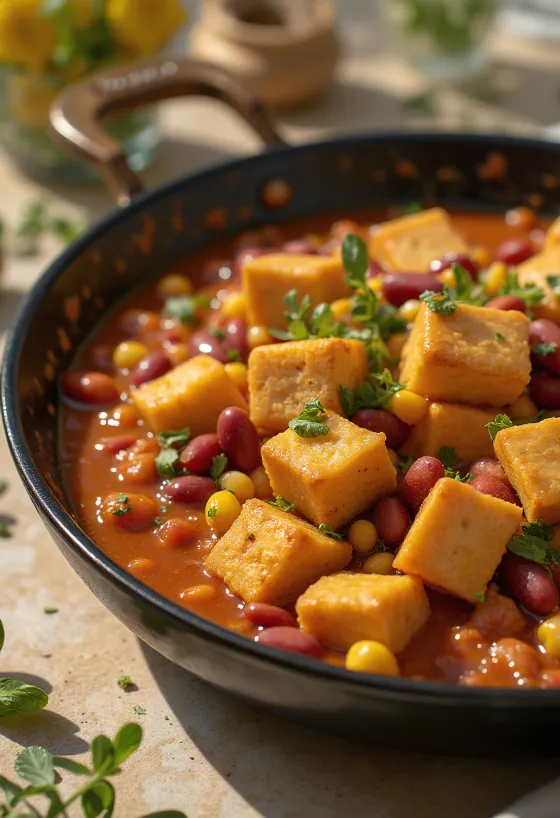 Tofu speziato con fagioli servito