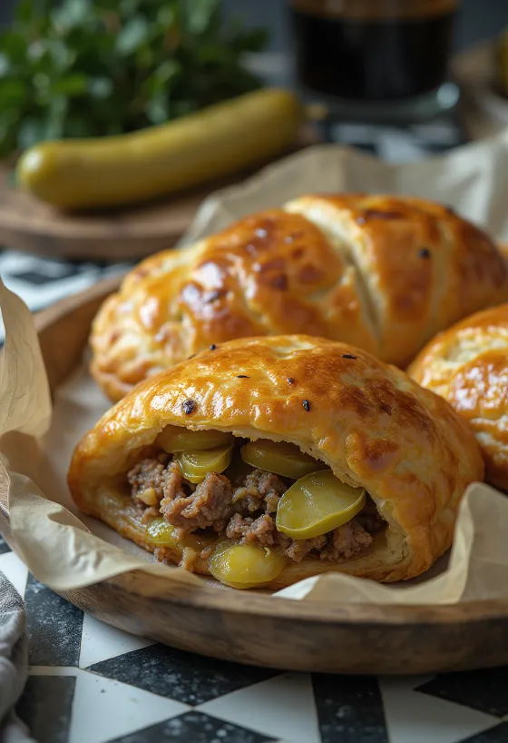 Lihapiirakka ripiena di cetrioli sott'aceto, fritta dorata, servita fresca