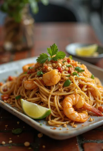 Pad Thai con spaghetti di riso servito con fette di lime
