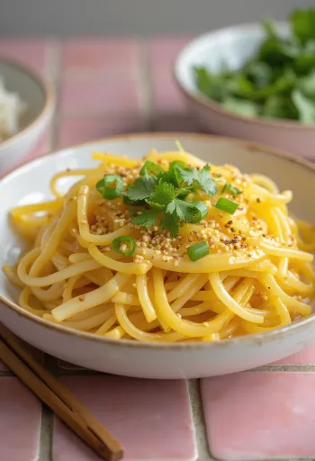Takuan servito con noodles, decorato con semi di sesamo e coriandolo